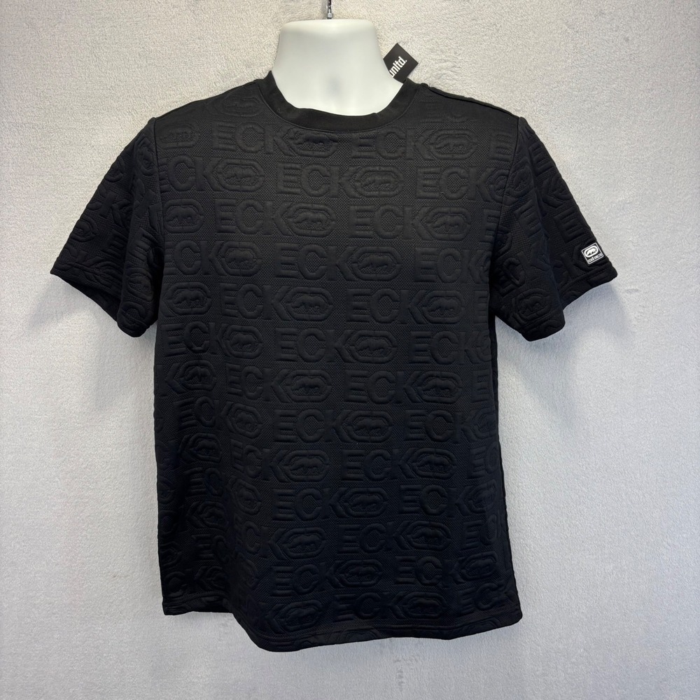 NWT Ecko Unltd Textured T-Shirt Mens Small Black Embossed Logo All Over Print